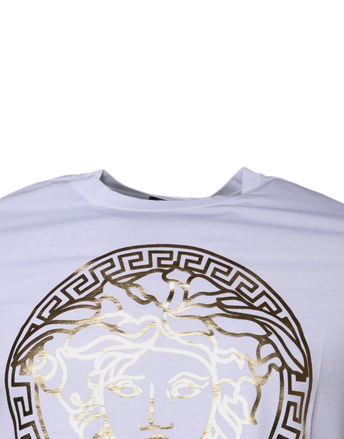 Camiseta blanca de algodón con cuello redondo y estampado de Medusa