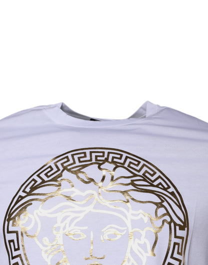 Camiseta blanca de algodón con cuello redondo y estampado de Medusa