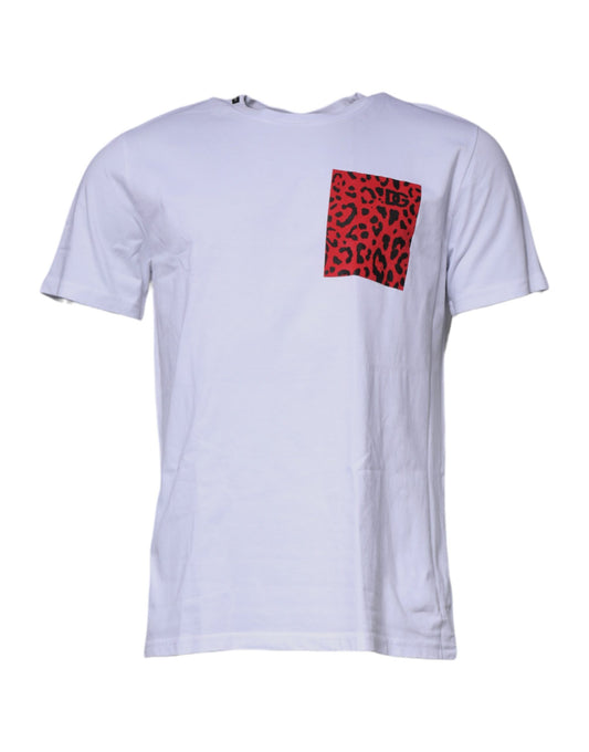 Camiseta de algodón con cuello redondo y estampado de leopardo blanco y rojo