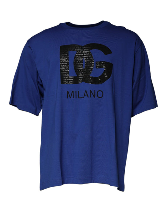 Camiseta de algodón con cuello redondo y estampado de logotipo azul para hombre