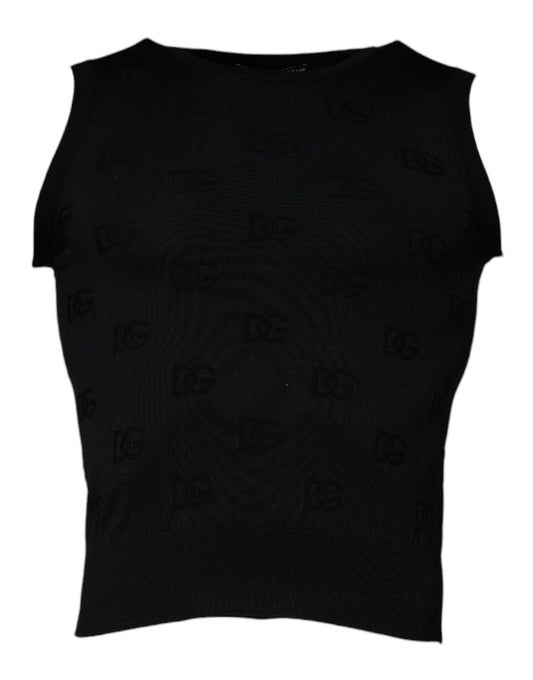 Camiseta sin mangas de cuello redondo de seda negra