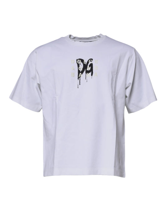 Camiseta blanca de algodón con cuello redondo y logotipo DG