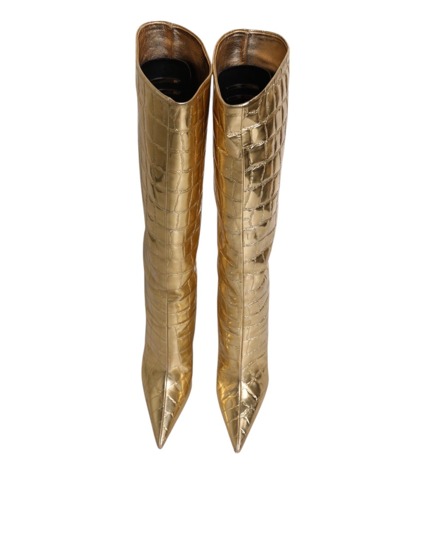 Botas altas con tacón de aguja de cuero dorado