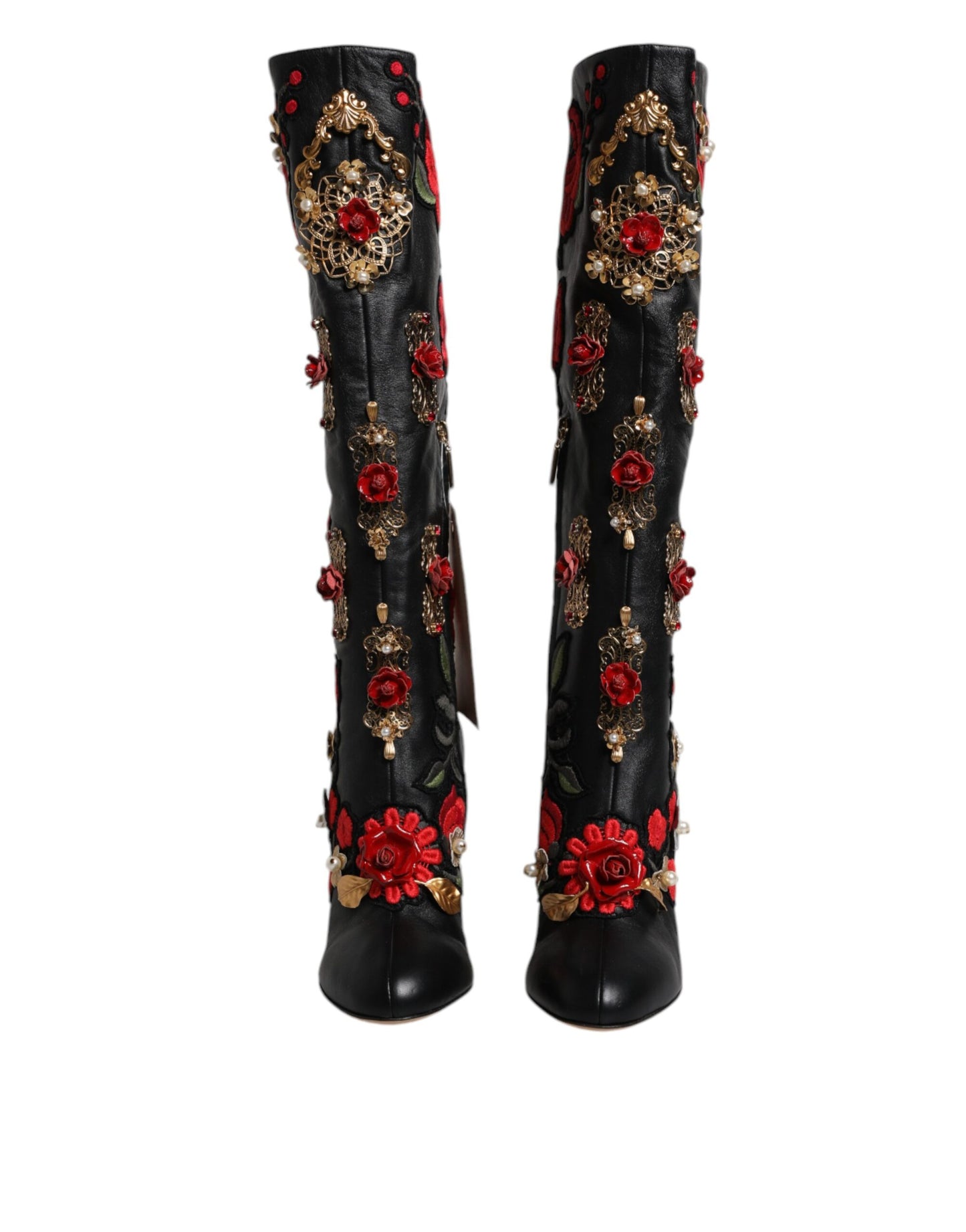 Botas de tacón de piel con adornos de rosas negras