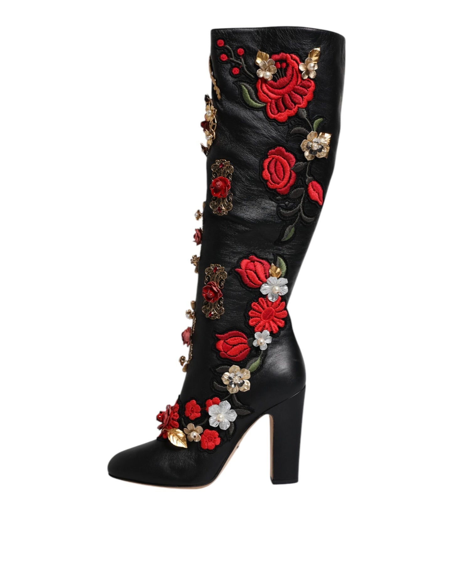 Botas de tacón de piel con adornos de rosas negras