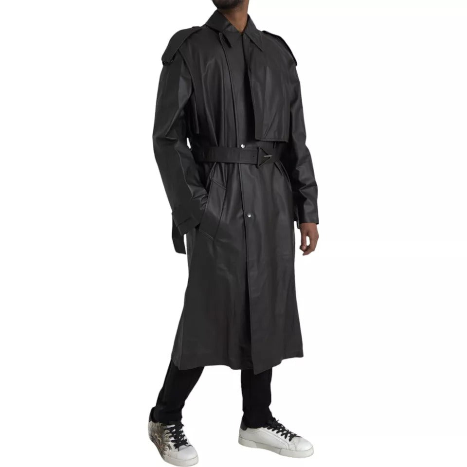 Chaqueta gabardina impermeable de cuero negro para hombre