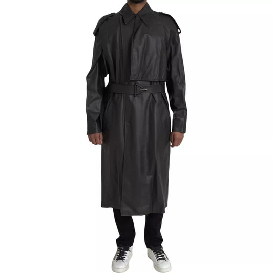 Chaqueta gabardina impermeable de cuero negro para hombre