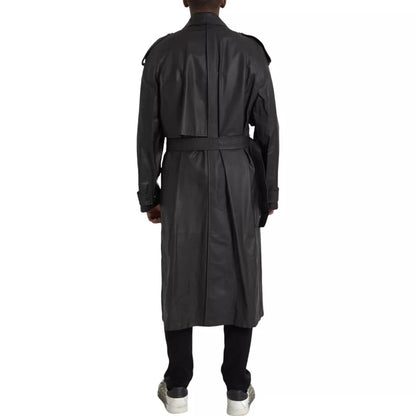 Chaqueta gabardina impermeable de cuero negro para hombre