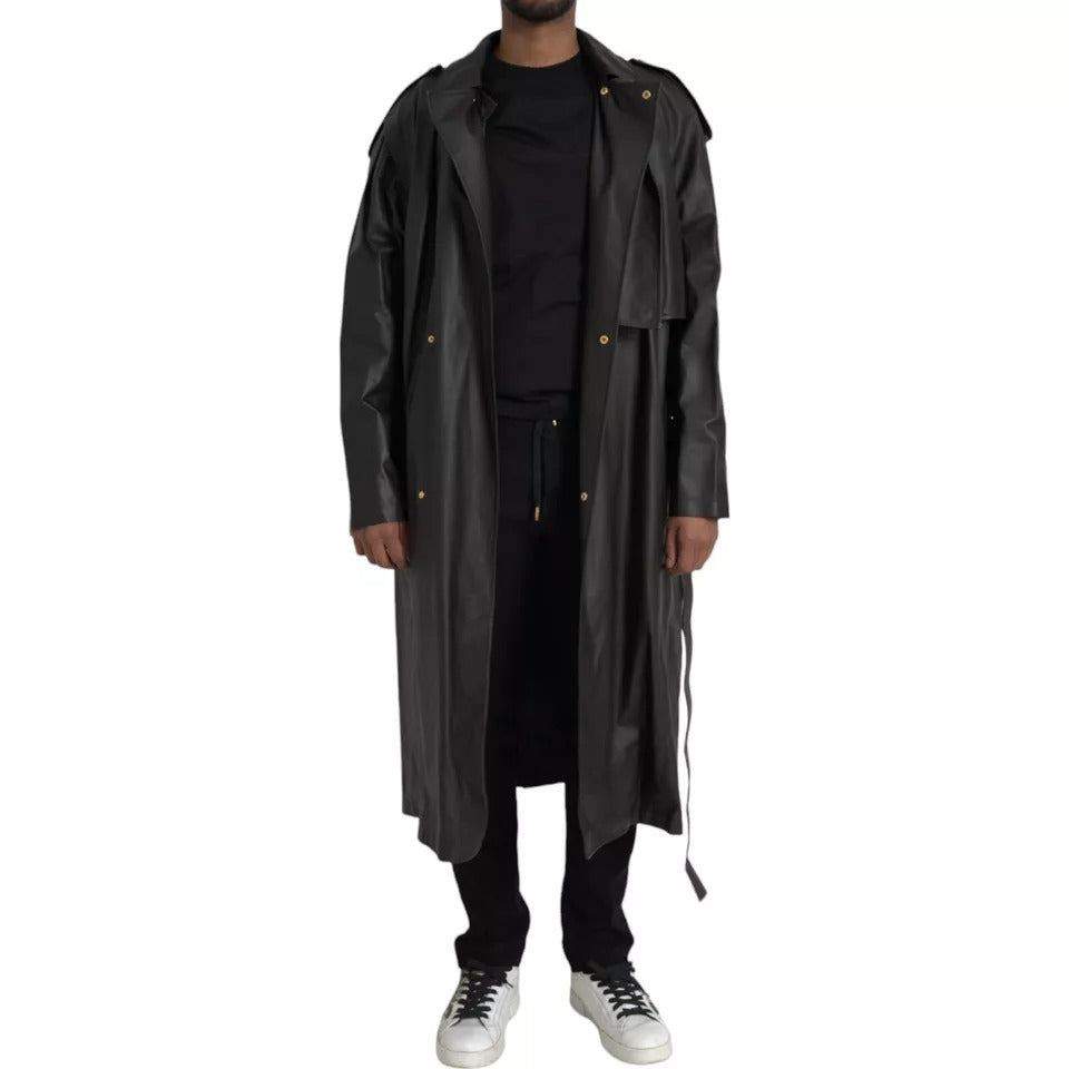 Chaqueta gabardina impermeable de cuero negro para hombre