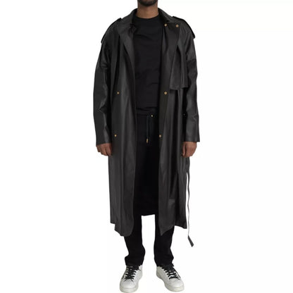 Chaqueta gabardina impermeable de cuero negro para hombre