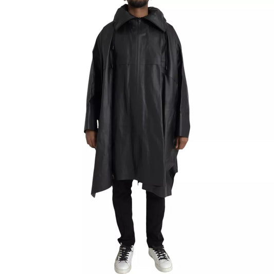 Chaqueta gabardina de cuero negra con capucha para hombre