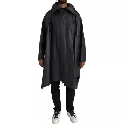 Chaqueta gabardina de cuero negra con capucha para hombre