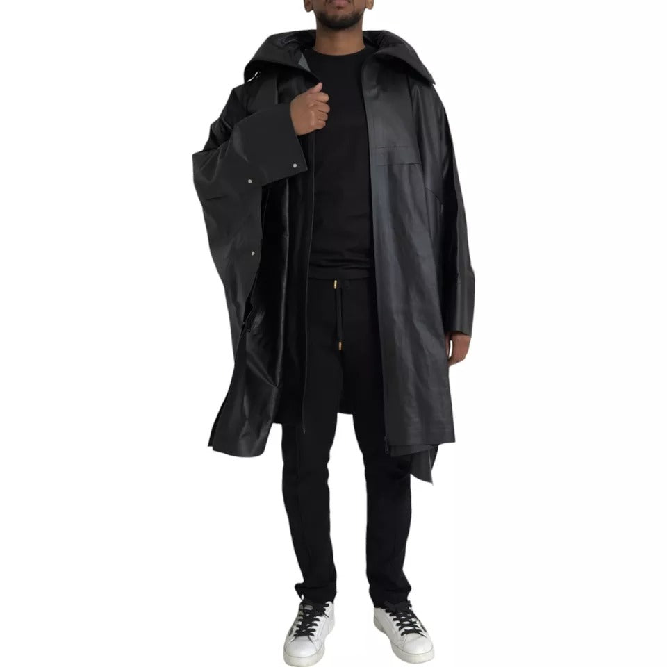 Chaqueta gabardina de cuero negra con capucha para hombre