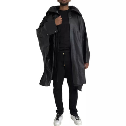 Chaqueta gabardina de cuero negra con capucha para hombre