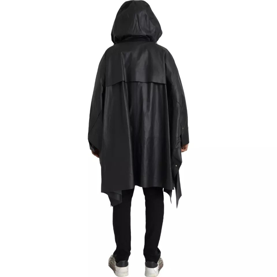 Chaqueta gabardina de cuero negra con capucha para hombre