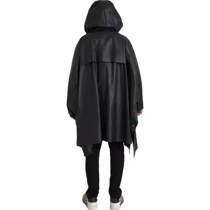Chaqueta gabardina de cuero negra con capucha para hombre