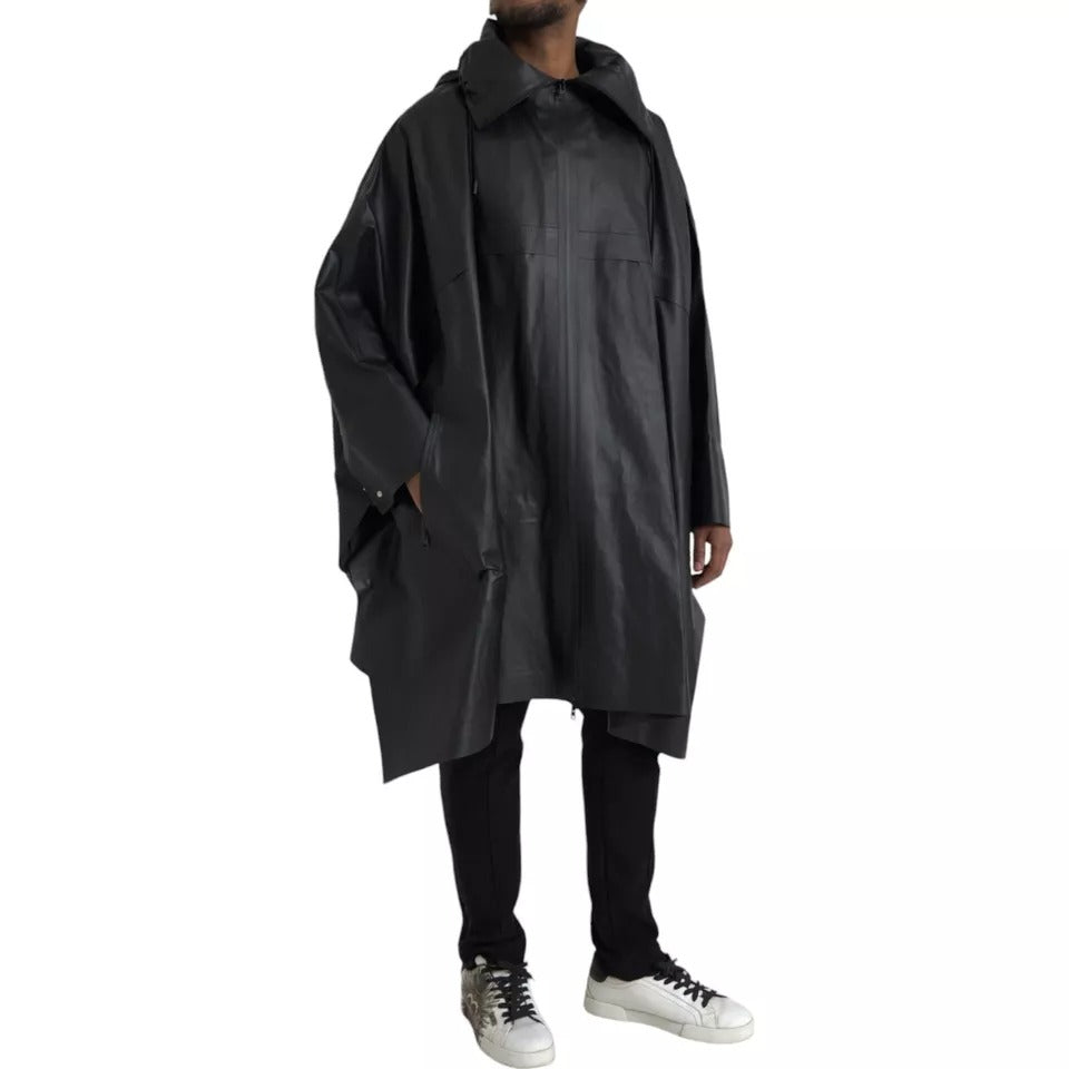 Chaqueta gabardina de cuero negra con capucha para hombre
