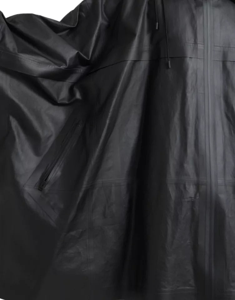 Chaqueta gabardina de cuero negra con capucha para hombre