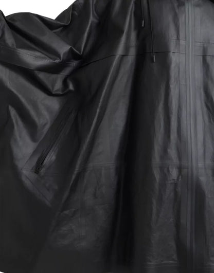 Chaqueta gabardina de cuero negra con capucha para hombre