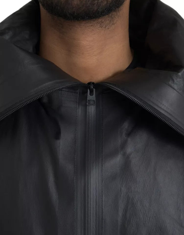 Chaqueta gabardina de cuero negra con capucha para hombre