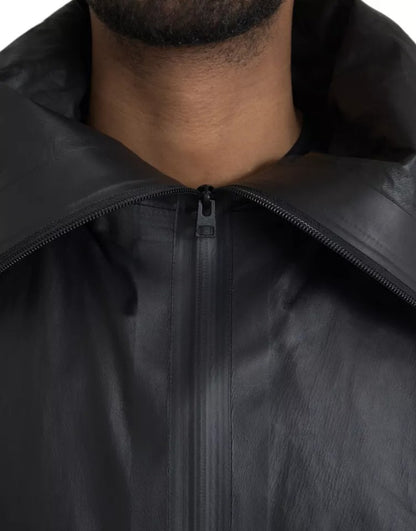Chaqueta gabardina de cuero negra con capucha para hombre