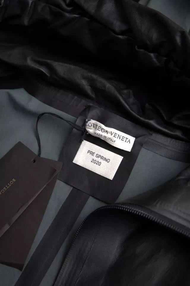 Chaqueta gabardina de cuero negra con capucha para hombre