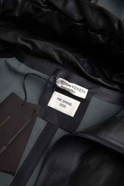 Chaqueta gabardina de cuero negra con capucha para hombre