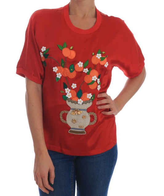 Elegante blusa de seda roja adornada con cristales