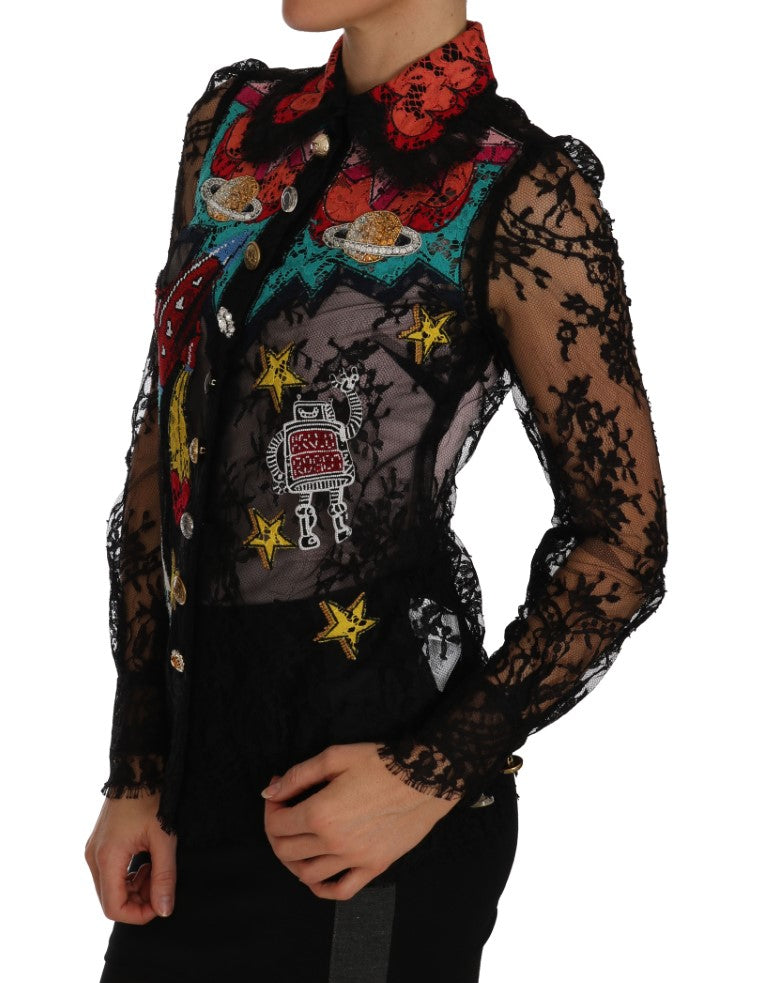 Blusa bordada con encaje floral y cristales