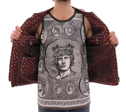 Chaqueta de cuero burdeos con estampado exclusivo de boxeador