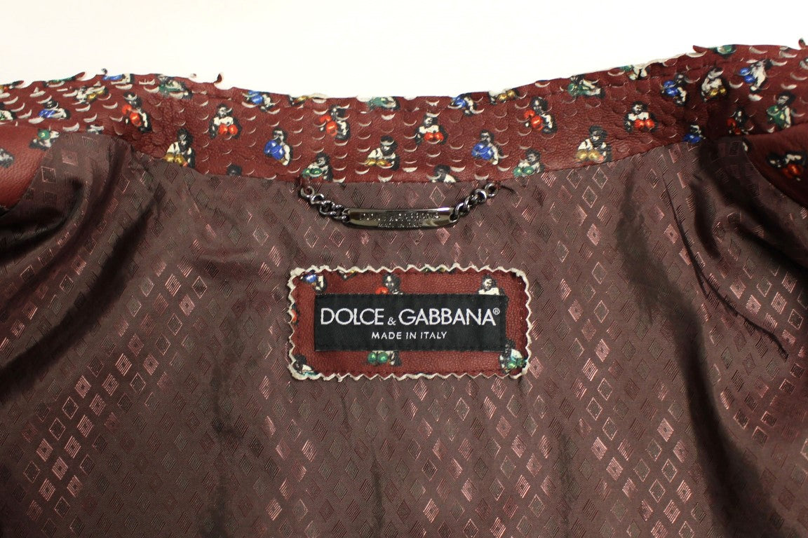 Chaqueta de cuero burdeos con estampado exclusivo de boxeador