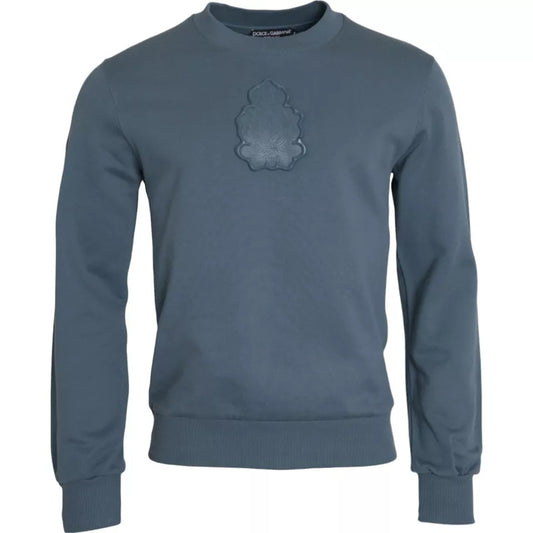 Suéter de cuello redondo con parche de logotipo de algodón azul para hombre