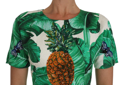 Elegante vestido de corte A con estampado de hojas de plátano verde