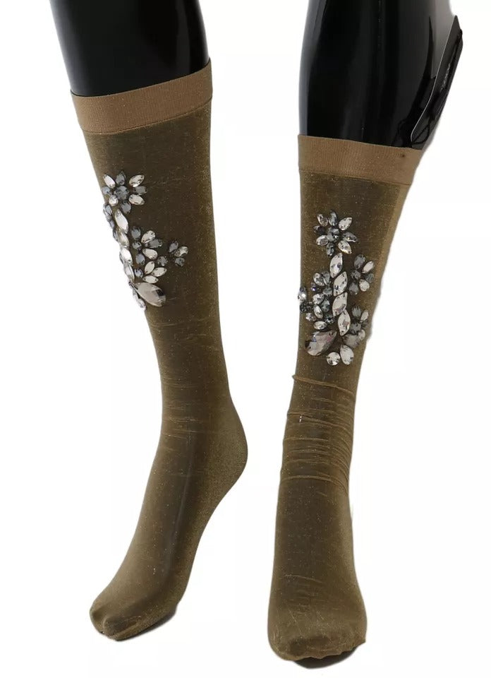 Calcetines elásticos dorados con flores y cristales transparentes