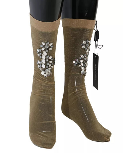 Calcetines elásticos dorados con flores y cristales transparentes