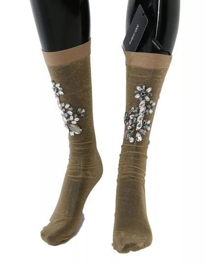 Calcetines elásticos dorados con flores y cristales transparentes