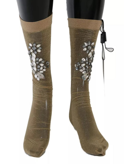 Calcetines elásticos dorados con flores y cristales transparentes