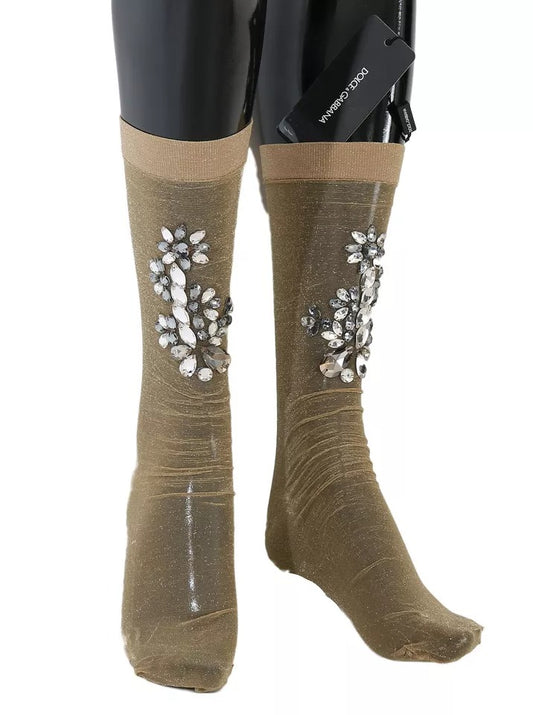 Calcetines elásticos dorados con flores y cristales transparentes