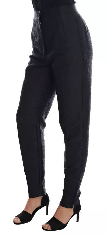Pantalones de cintura alta con brocado floral negro