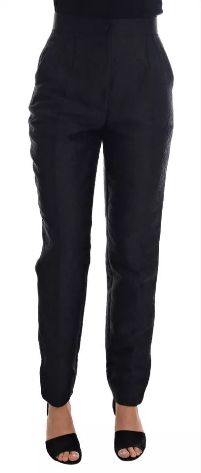 Pantalones de cintura alta con brocado floral negro