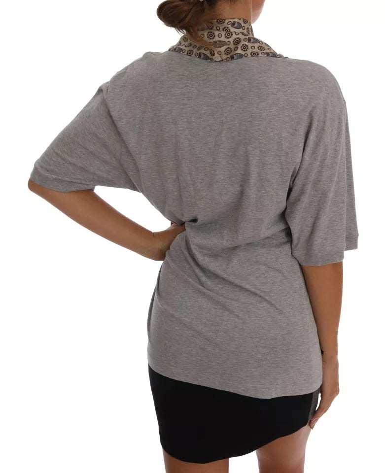 Camiseta con pañuelo de seda y búho de algodón gris