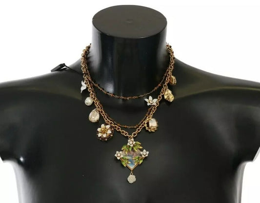 Collar con dijes florales de cristal y latón dorado