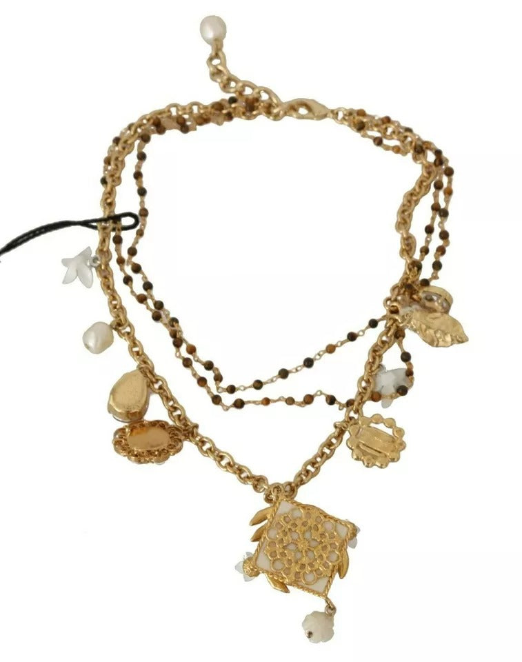 Collar con dijes florales de cristal y latón dorado