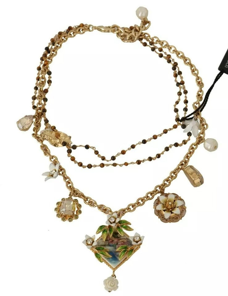 Collar con dijes florales de cristal y latón dorado