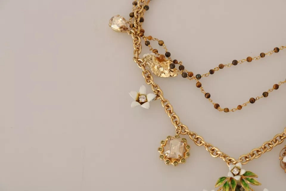 Collar con dijes florales de cristal y latón dorado