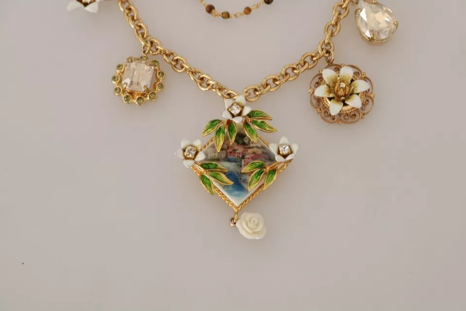 Collar con dijes florales de cristal y latón dorado