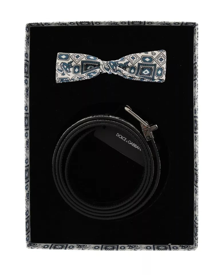 Conjunto de caja de regalo con cinturón de cuero y pajarita de seda blanca y azul