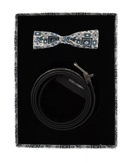 Conjunto de caja de regalo con cinturón de cuero y pajarita de seda blanca y azul