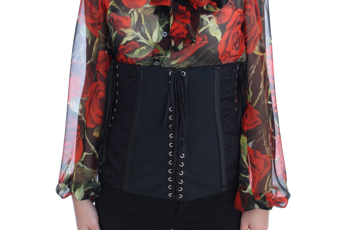 Elegante cinturón corsé con brocado floral negro