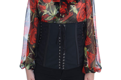 Elegante cinturón corsé con brocado floral negro